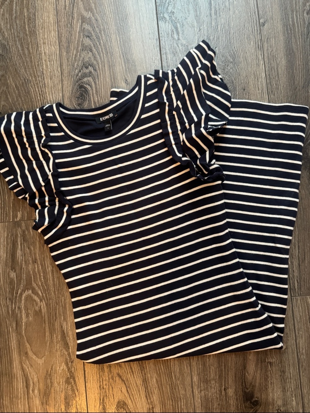 Express Navy and White Striped Ruffle-Sleeve Knit Top
